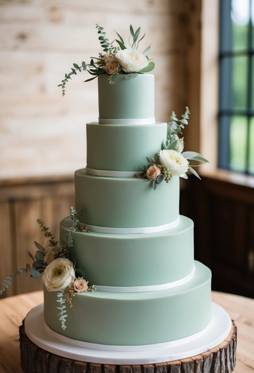 A three-tiered sage green wedding cake adorned with rustic floral accents and delicate greenery