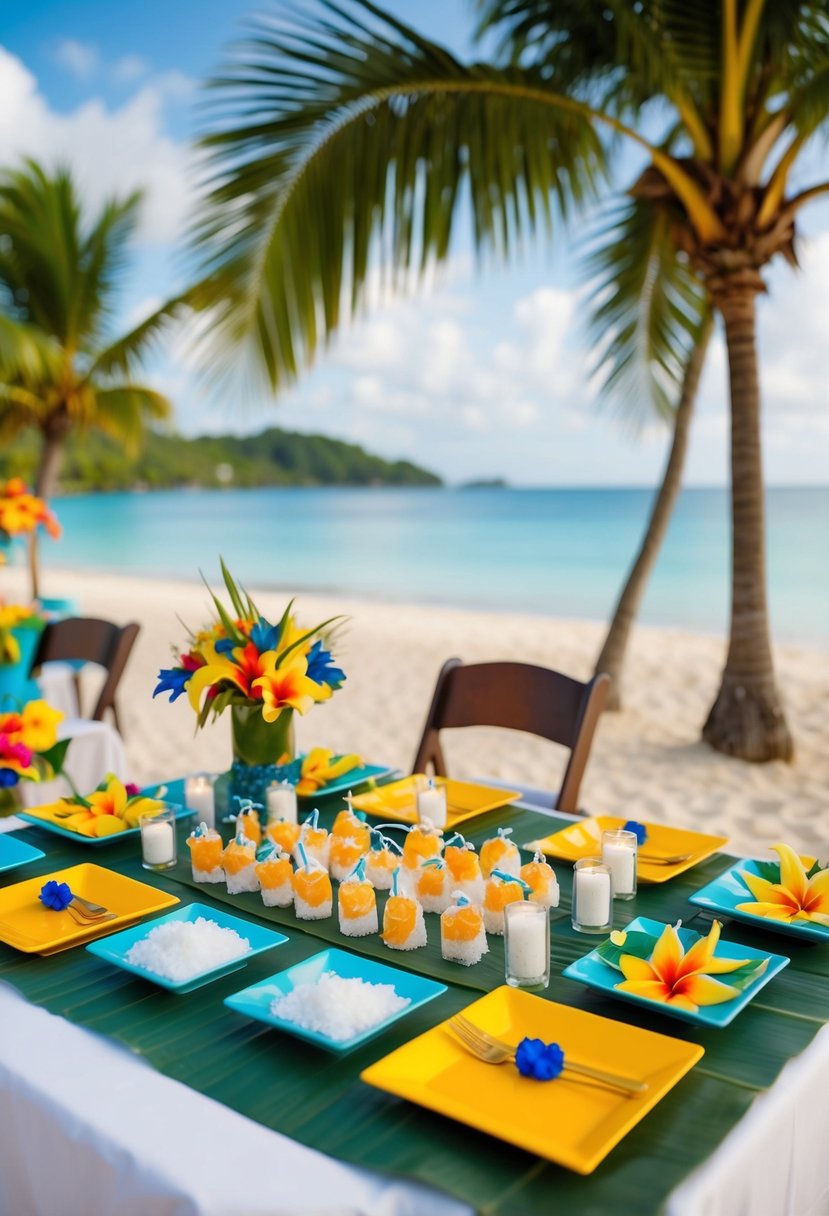 A tropical beach setting with a colorful luau wedding spread, featuring sea salt favors and decorative elements