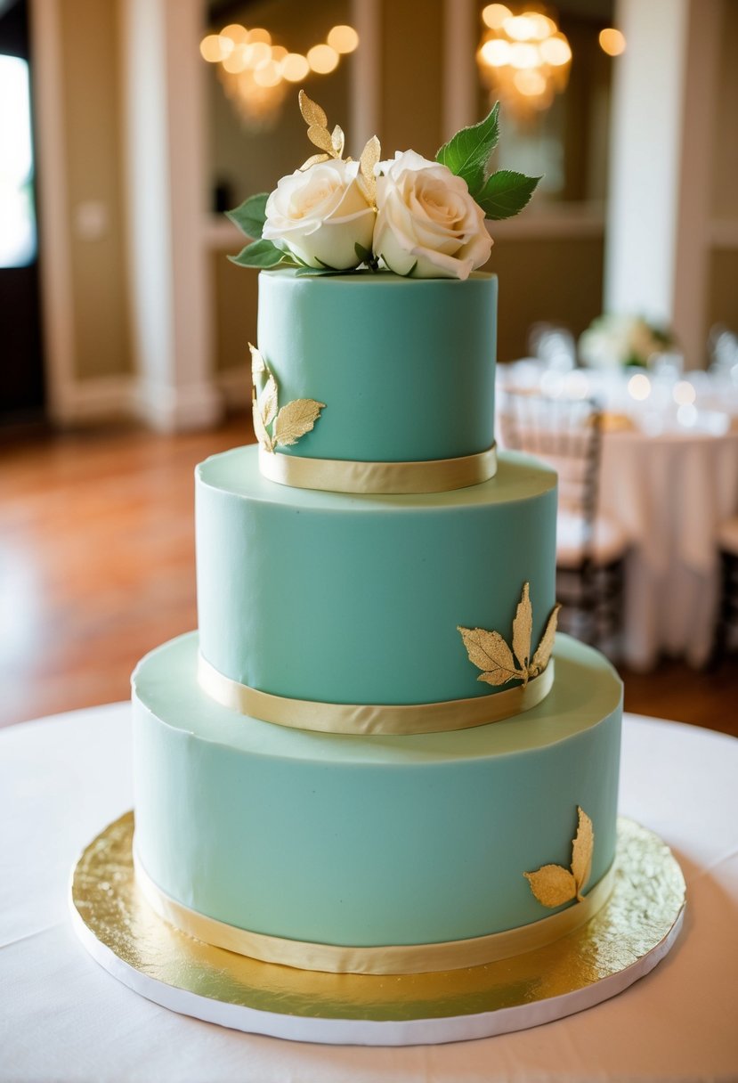 A three-tiered wedding cake in sage green with gold leaf accents