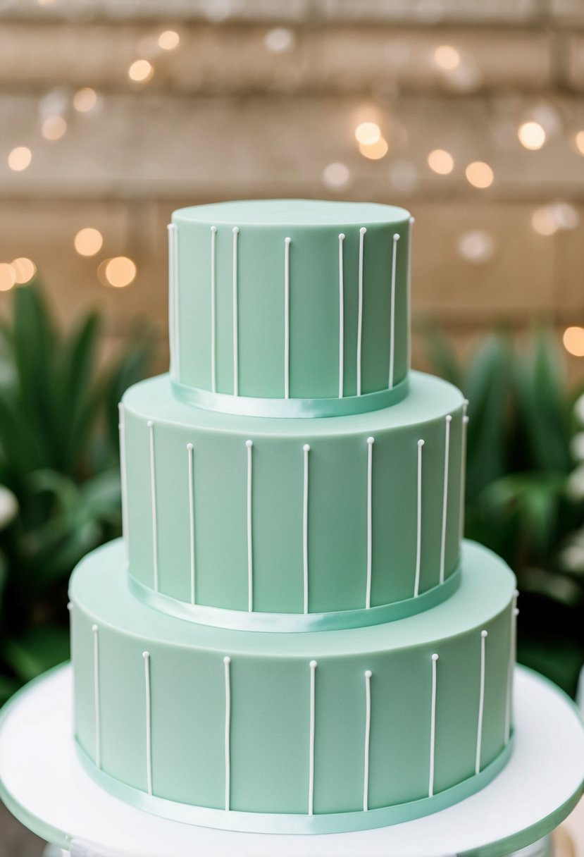 A three-tiered sage green wedding cake with clean lines and minimal decorations