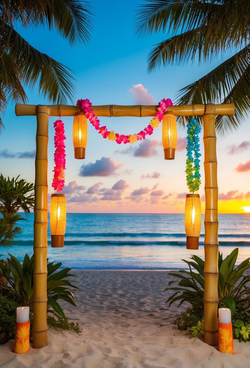 A tropical beach at sunset, with tiki torches, palm trees, and colorful leis hanging from a bamboo archway