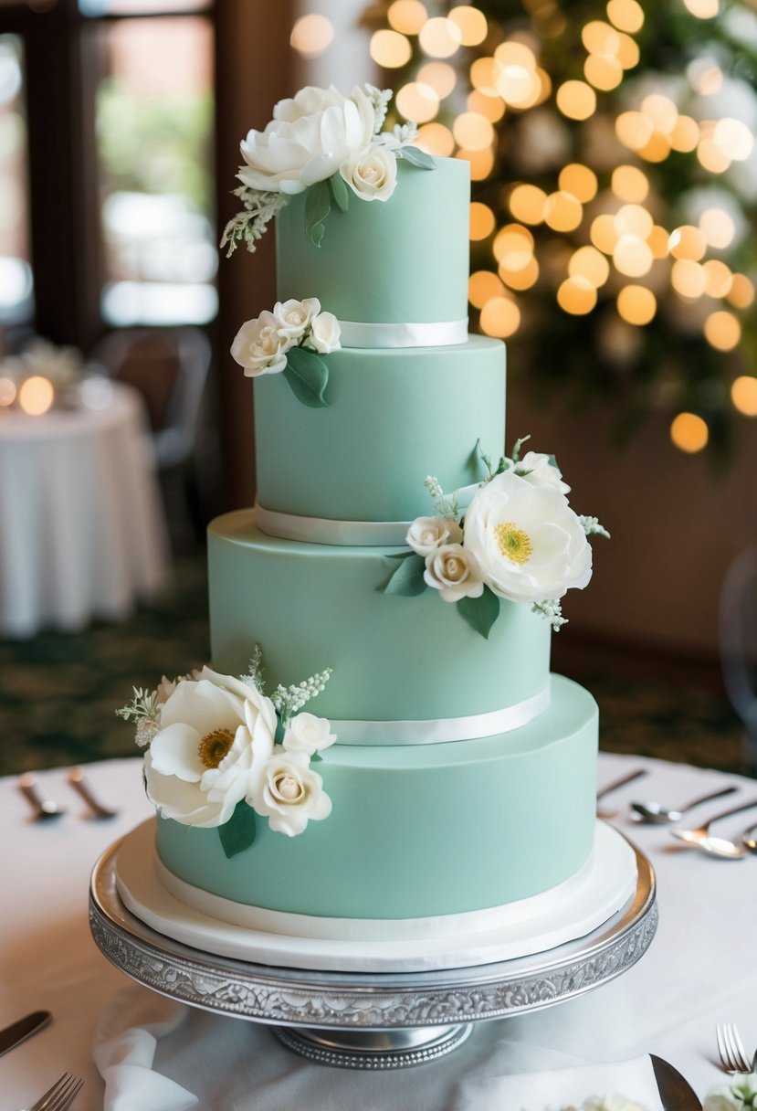 A three-tiered sage green and white floral wedding cake sits on a decorated table