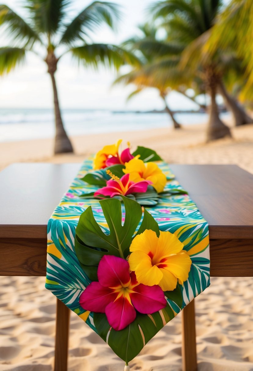 A colorful tropical table runner adorned with vibrant flowers and green leaves, set against a backdrop of sandy beaches and swaying palm trees