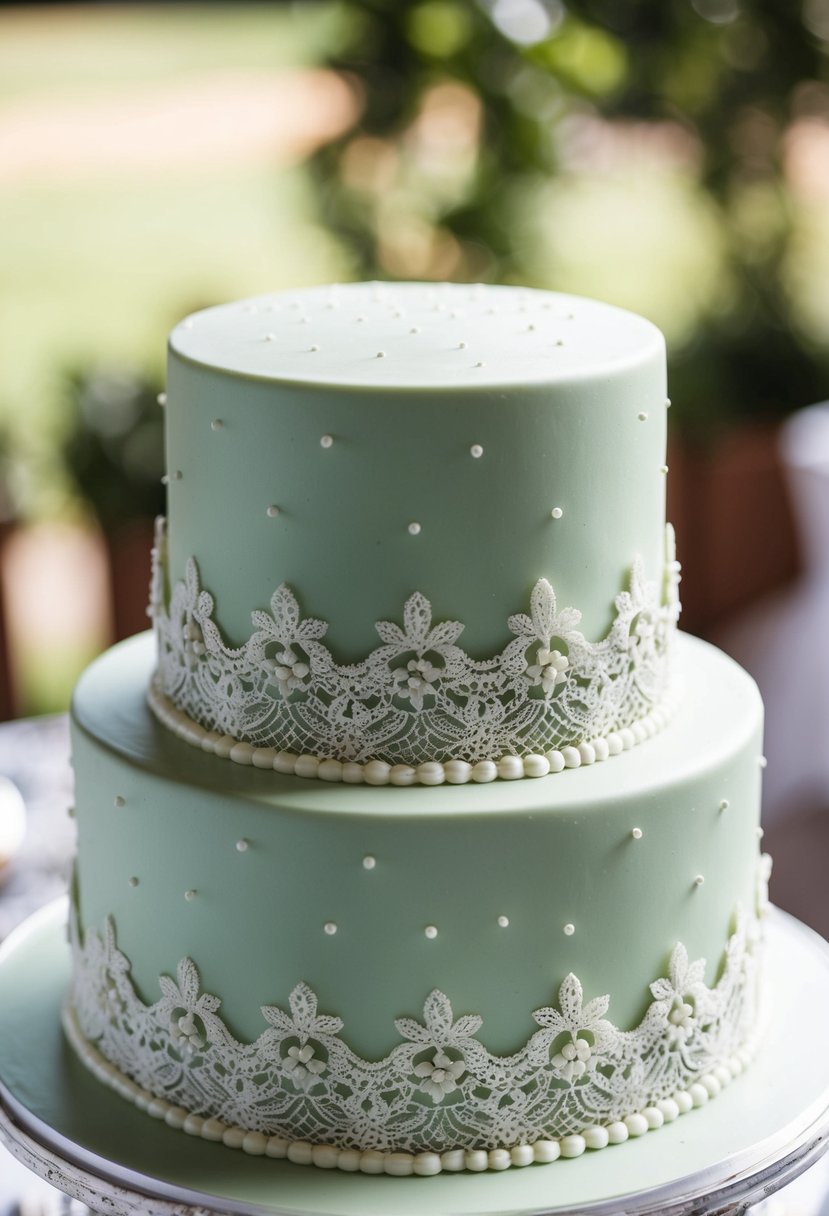 A vintage sage green wedding cake adorned with intricate lace details