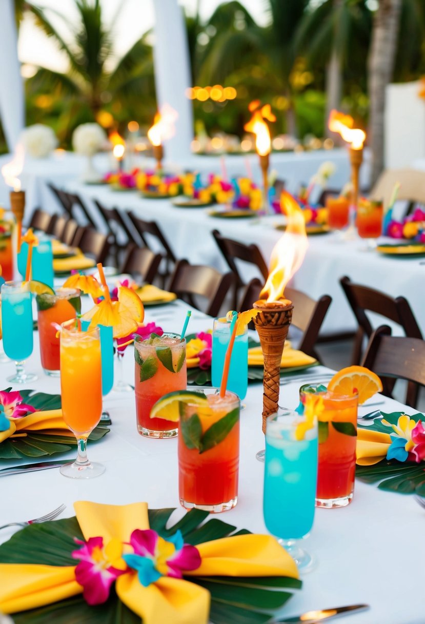 A tropical-themed wedding reception with colorful, decked-out cocktails, tiki torches, and leis adorning the tables