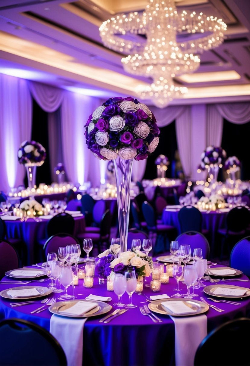 A grand wedding reception with purple and silver decorations, elegant centerpieces, and twinkling fairy lights