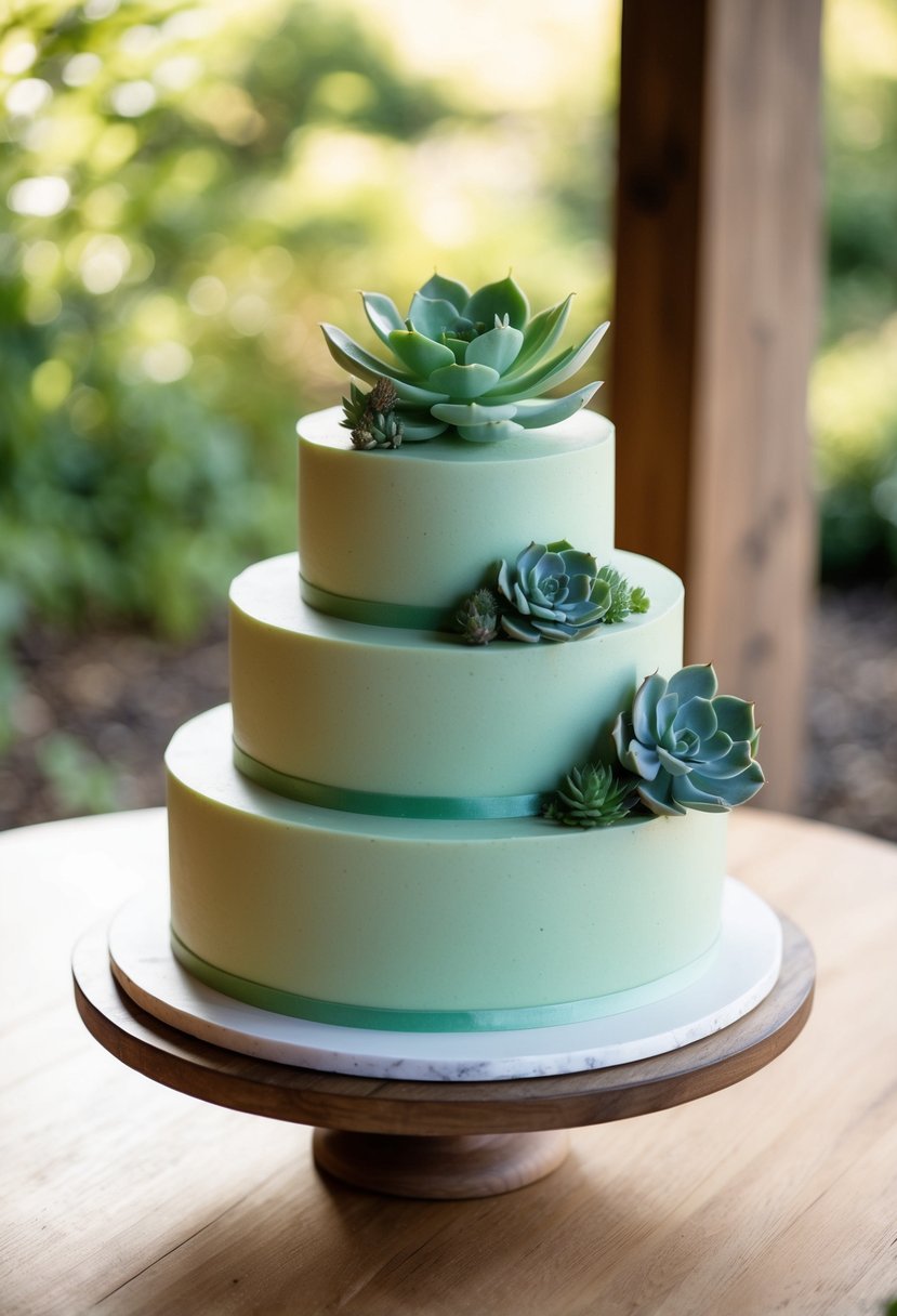 A tiered sage green succulent cake displayed on a wooden table with soft natural lighting