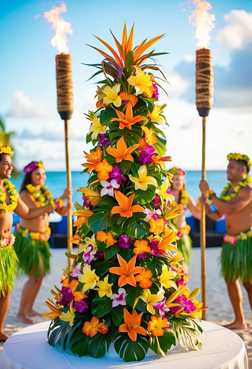 A vibrant tower of tropical flowers surrounded by tiki torches and hula dancers at a luau wedding celebration