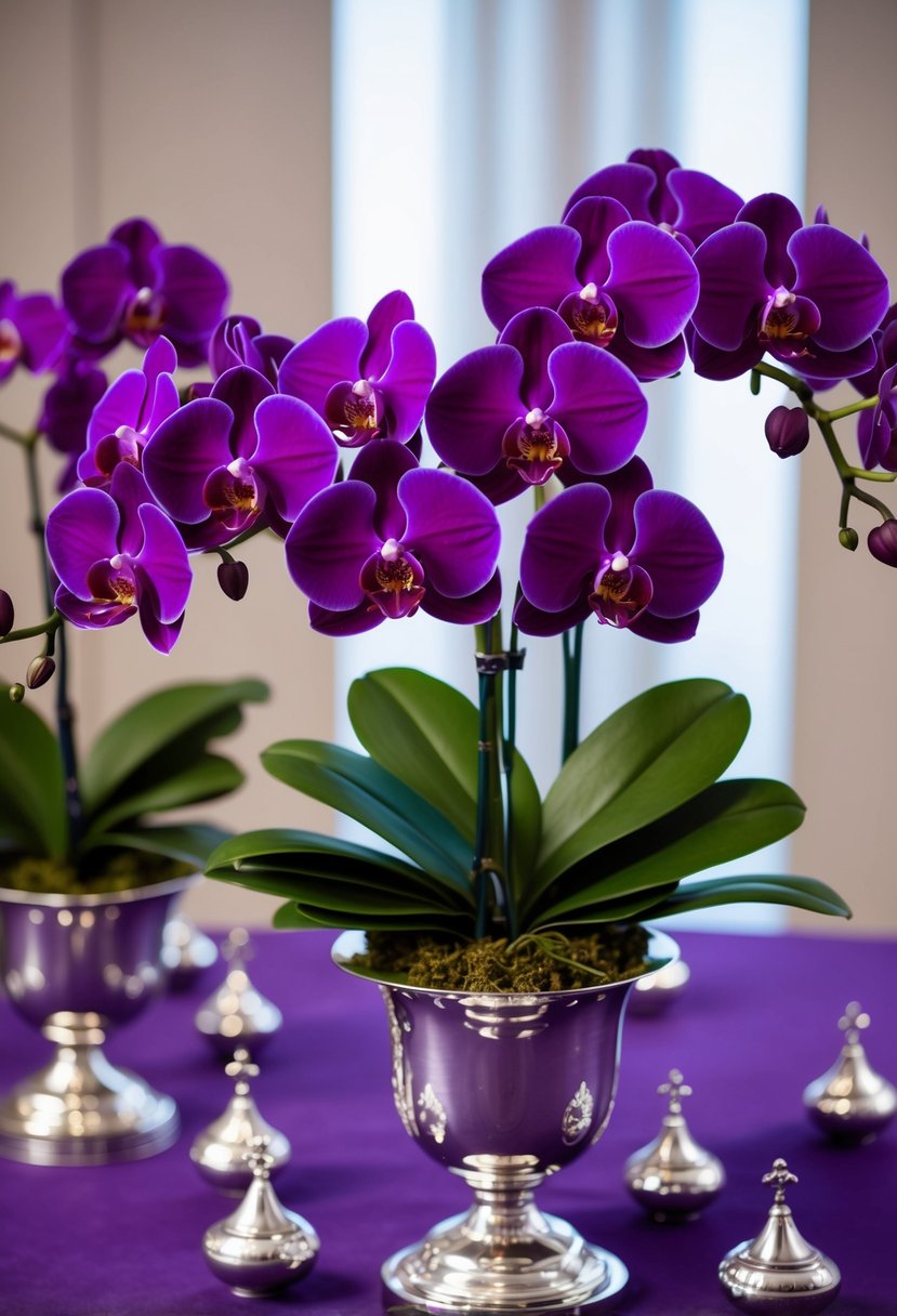 Deep purple orchids arranged in a silver vase, surrounded by smaller silver and purple accents