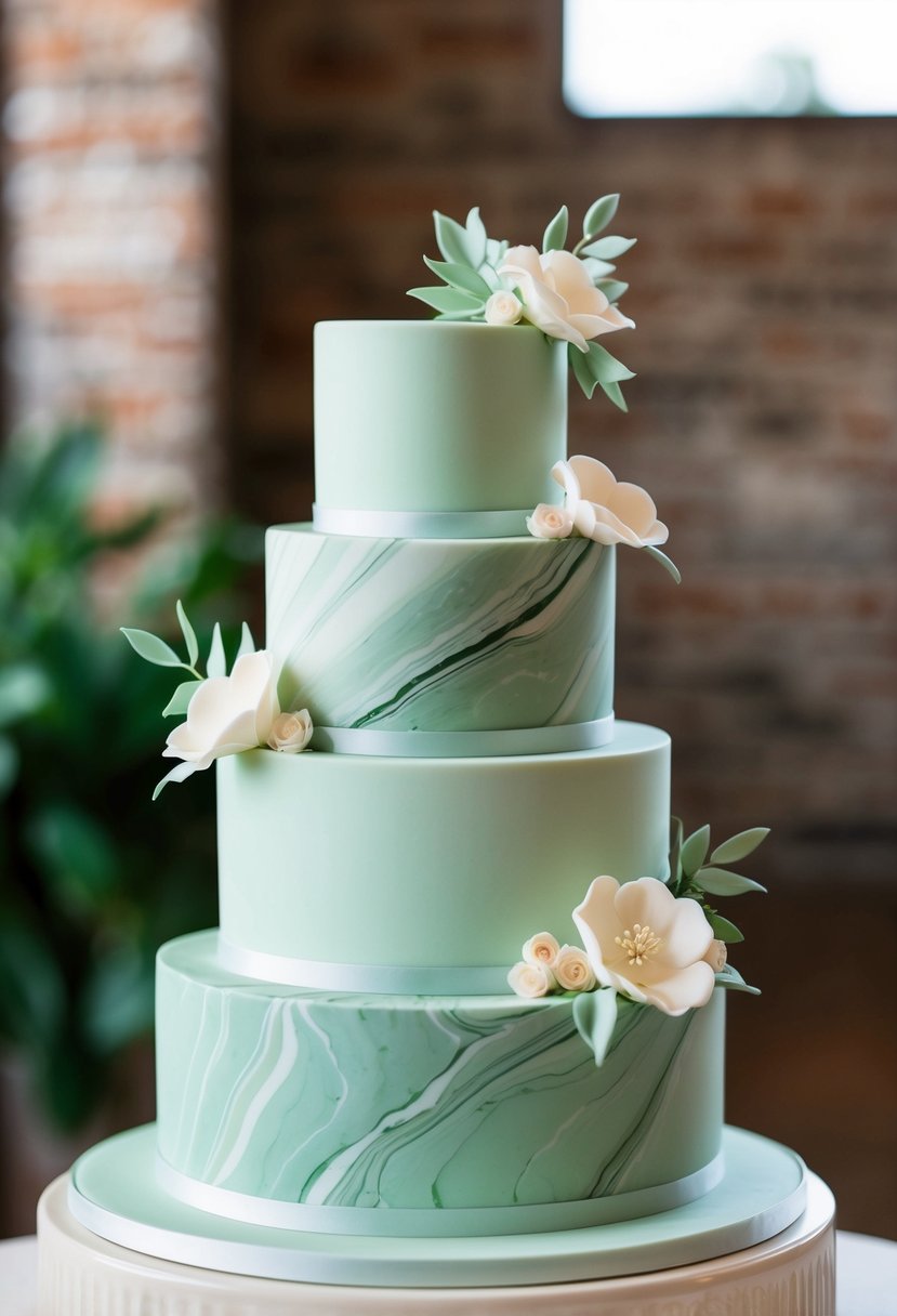 A three-tiered wedding cake with a marble effect in shades of sage green, adorned with delicate fondant flowers and leaves