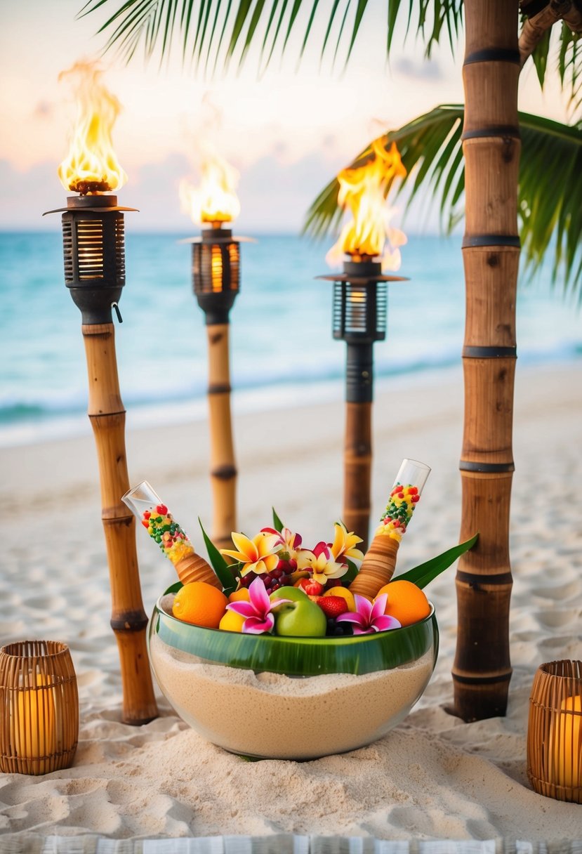 A beachside wedding with tiki torches, tropical flowers, and bamboo decor. A sandy bottom bowl filled with fruit and tiki drinks