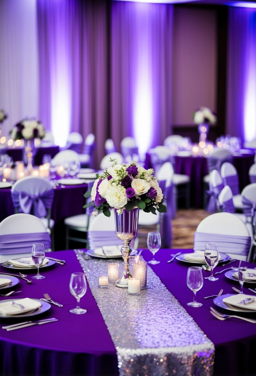 A lavish wedding reception with purple and silver decor, featuring silver sequin table runners and elegant centerpieces