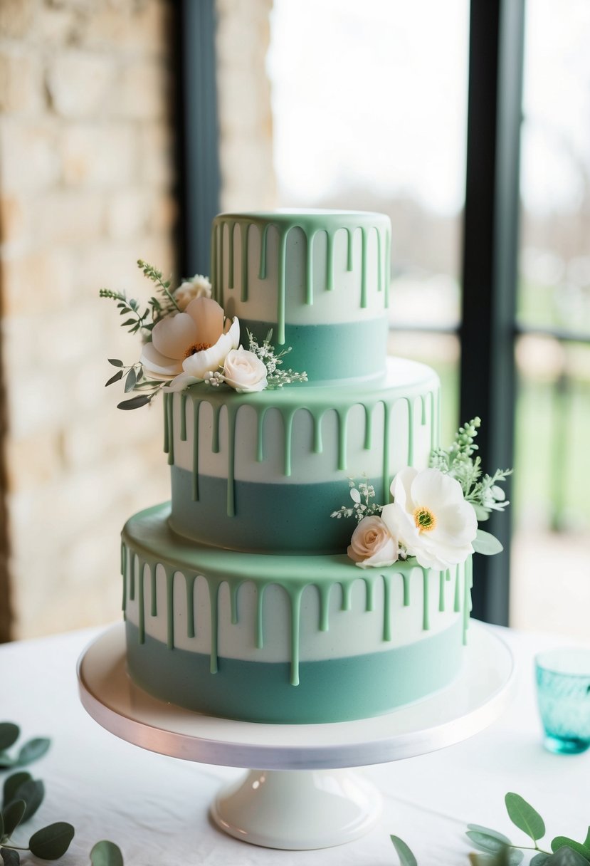 An elegant sage green drip cake adorned with delicate floral accents