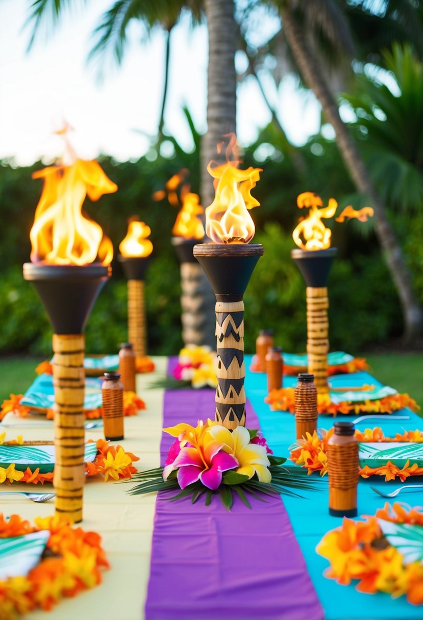 A colorful tiki table set with leis, tropical flowers, and tiki torches for a festive luau wedding celebration