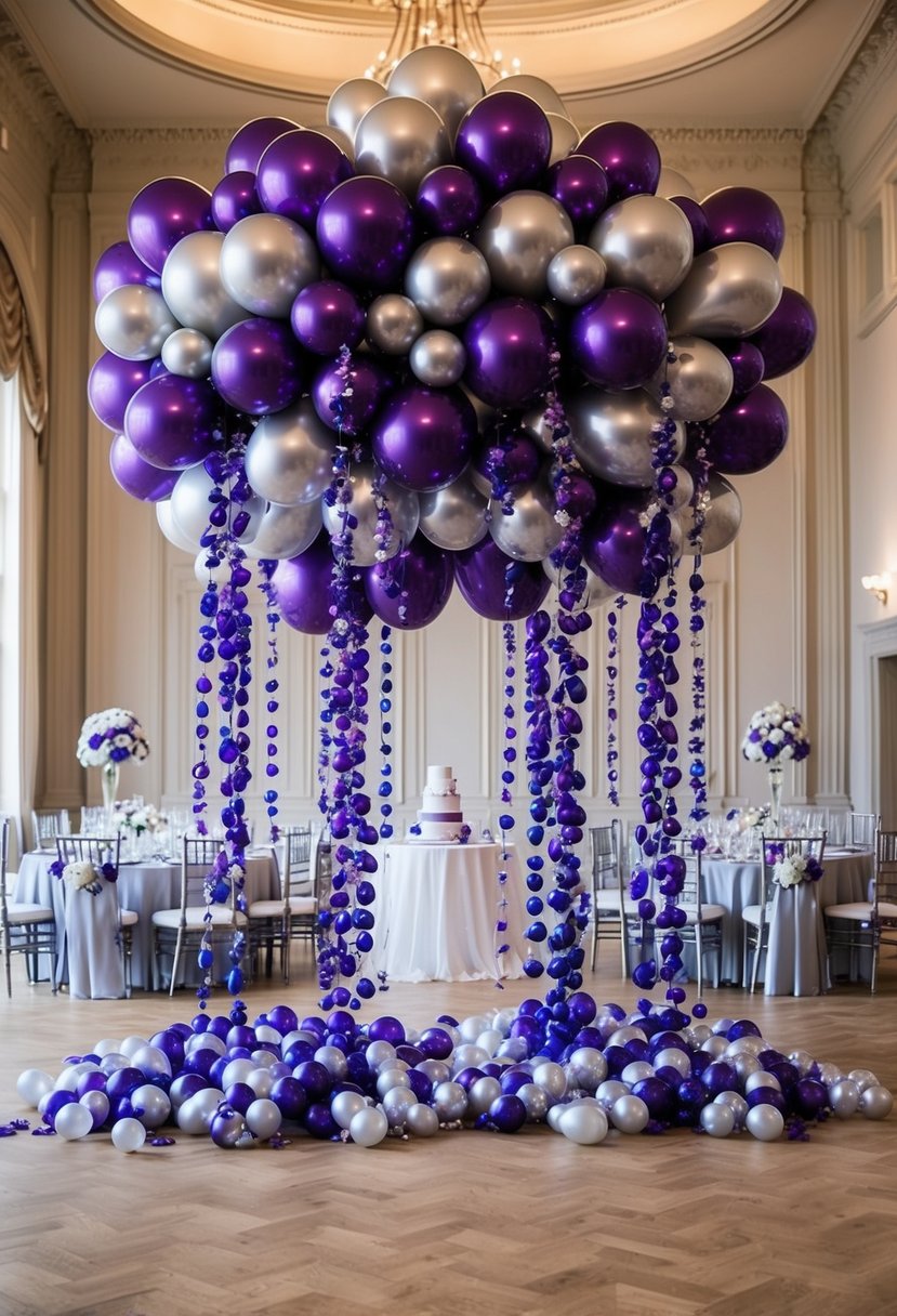 A grand hall adorned with cascading purple and silver balloons, creating a whimsical and elegant atmosphere for a wedding celebration