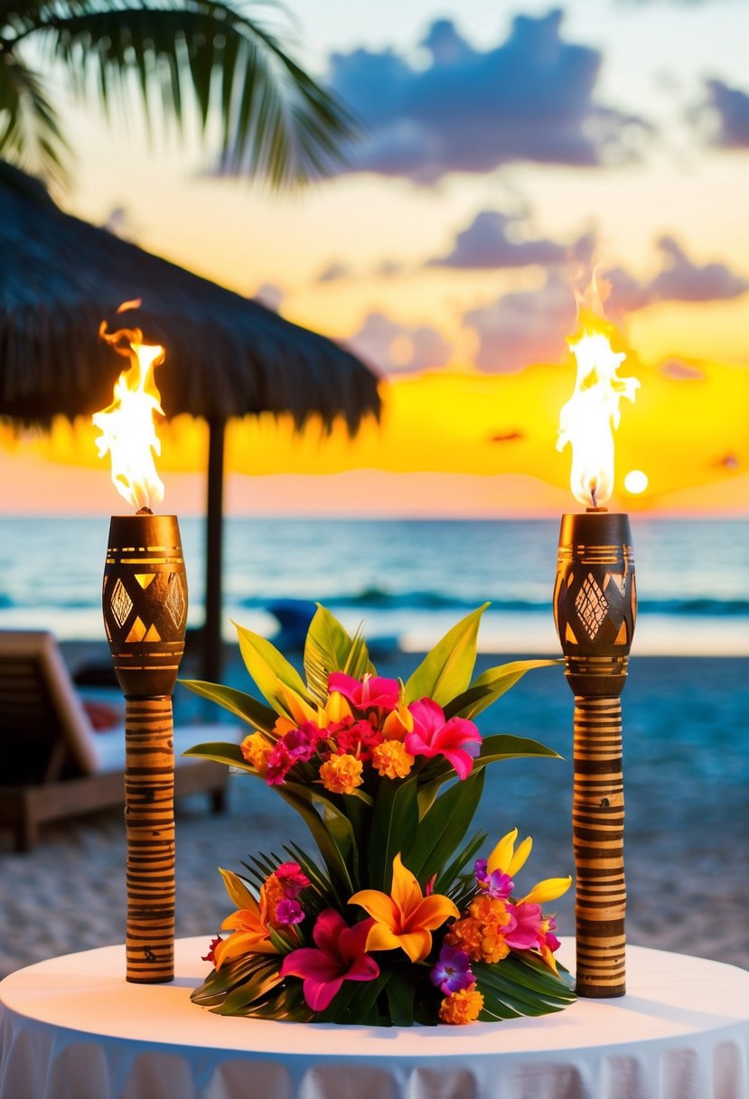 A tropical beach setting with vibrant floral decorations, tiki torches, and a colorful sunset backdrop