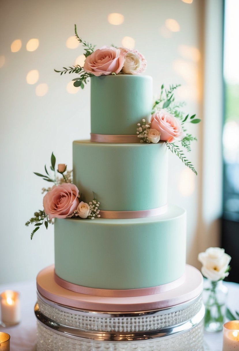 A three-tiered wedding cake in sage green and blush rose, adorned with delicate floral decorations