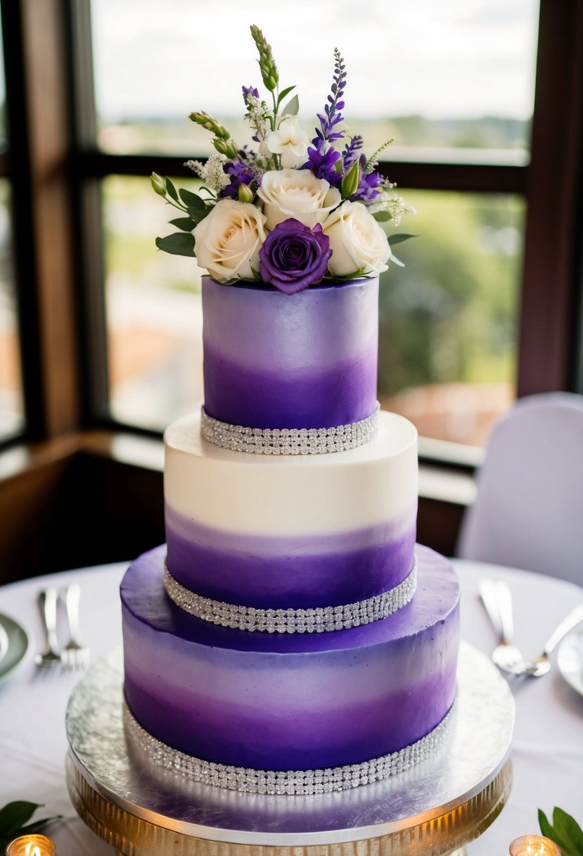 A three-tiered wedding cake with a purple ombre design, adorned with silver accents and floral decorations