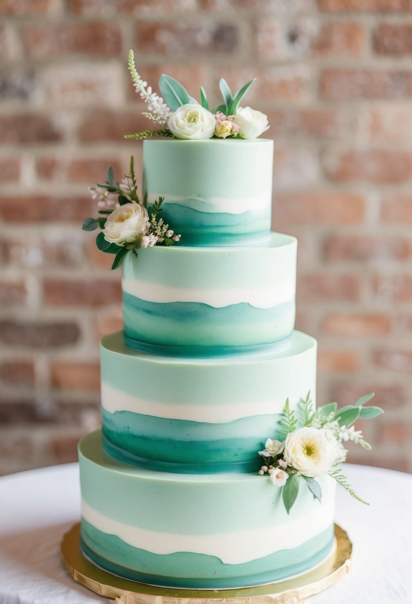 A three-tiered sage green watercolor cake with delicate floral accents