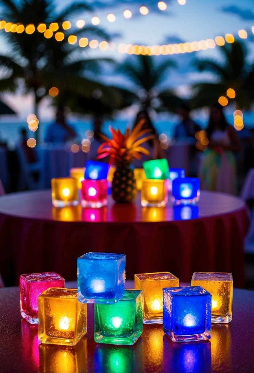 Colorful LED ice cubes illuminate tropical drinks at a luau wedding