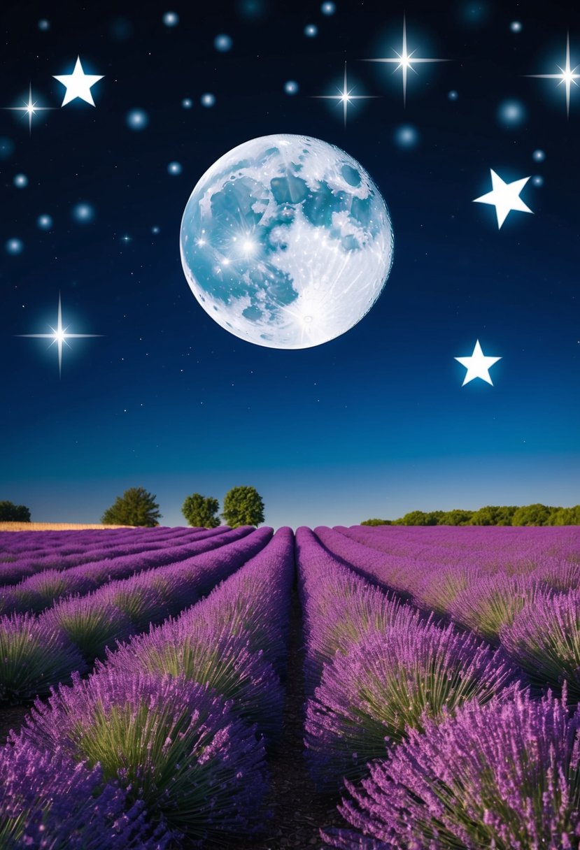 A lavender field under a silver moon, with silver stars twinkling in the night sky