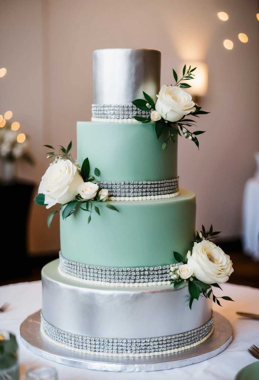 A three-tiered sage green and silver wedding cake adorned with elegant floral decorations