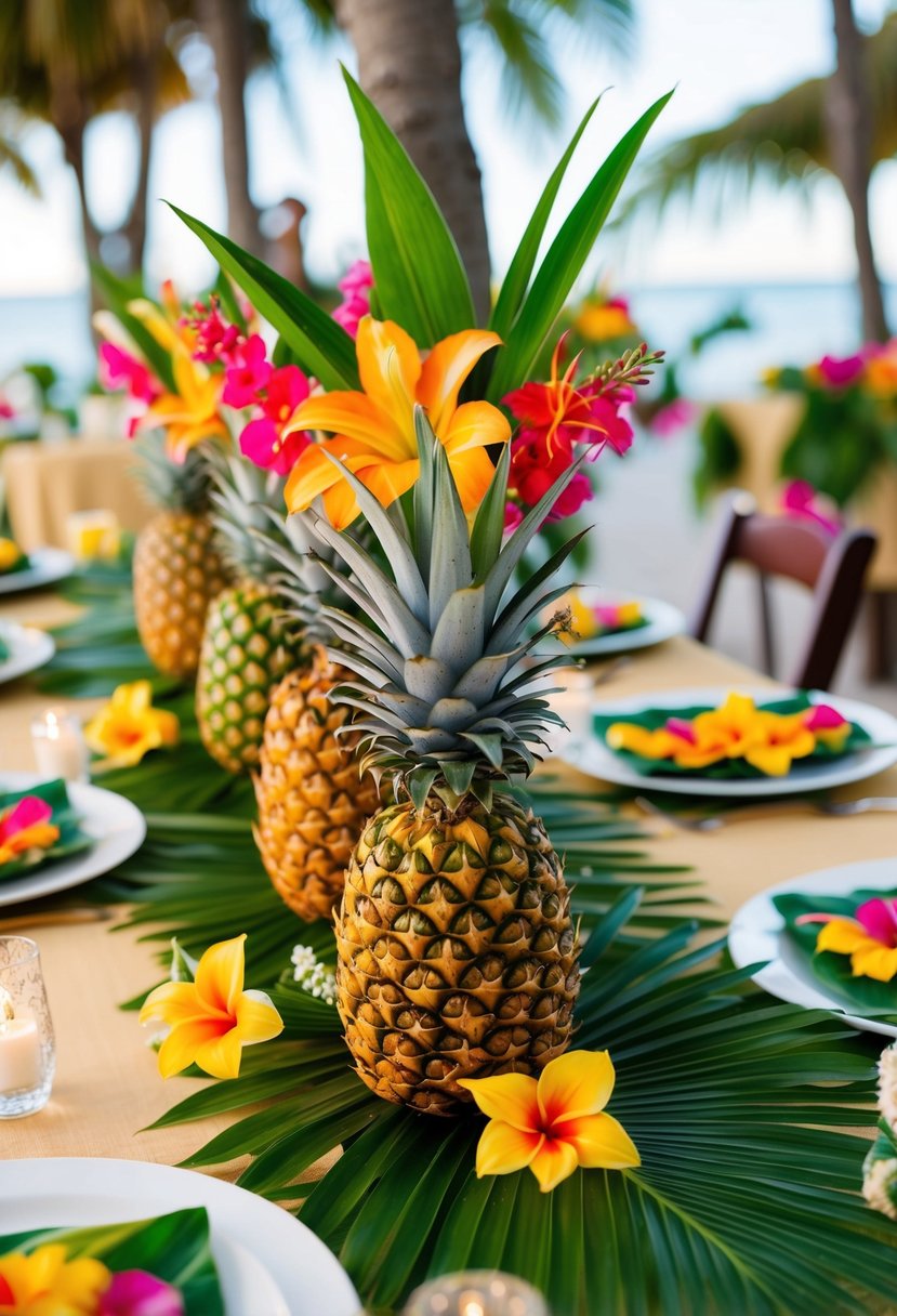 A table adorned with vibrant pineapple centerpieces, surrounded by tropical flowers and leaves, creating a festive and exotic atmosphere for a luau wedding