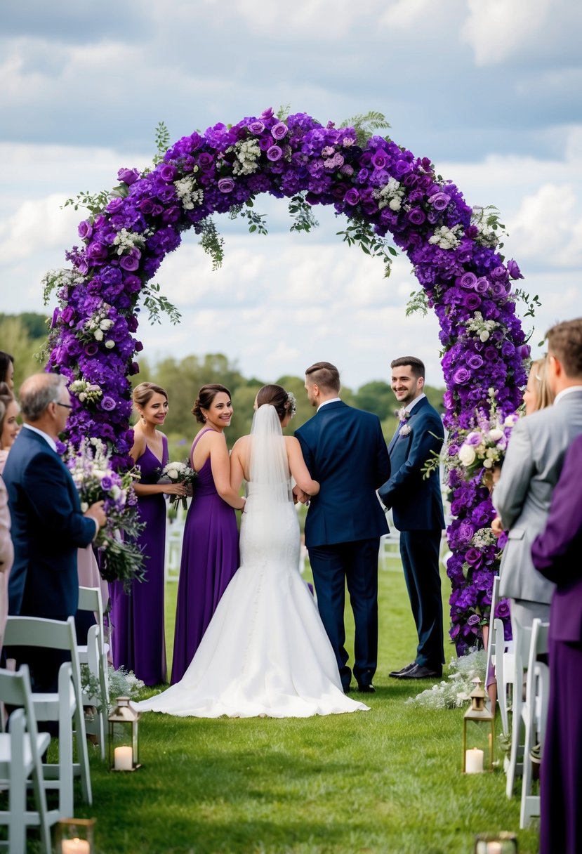 A purple floral arch welcomes guests to a wedding, accented with silver details