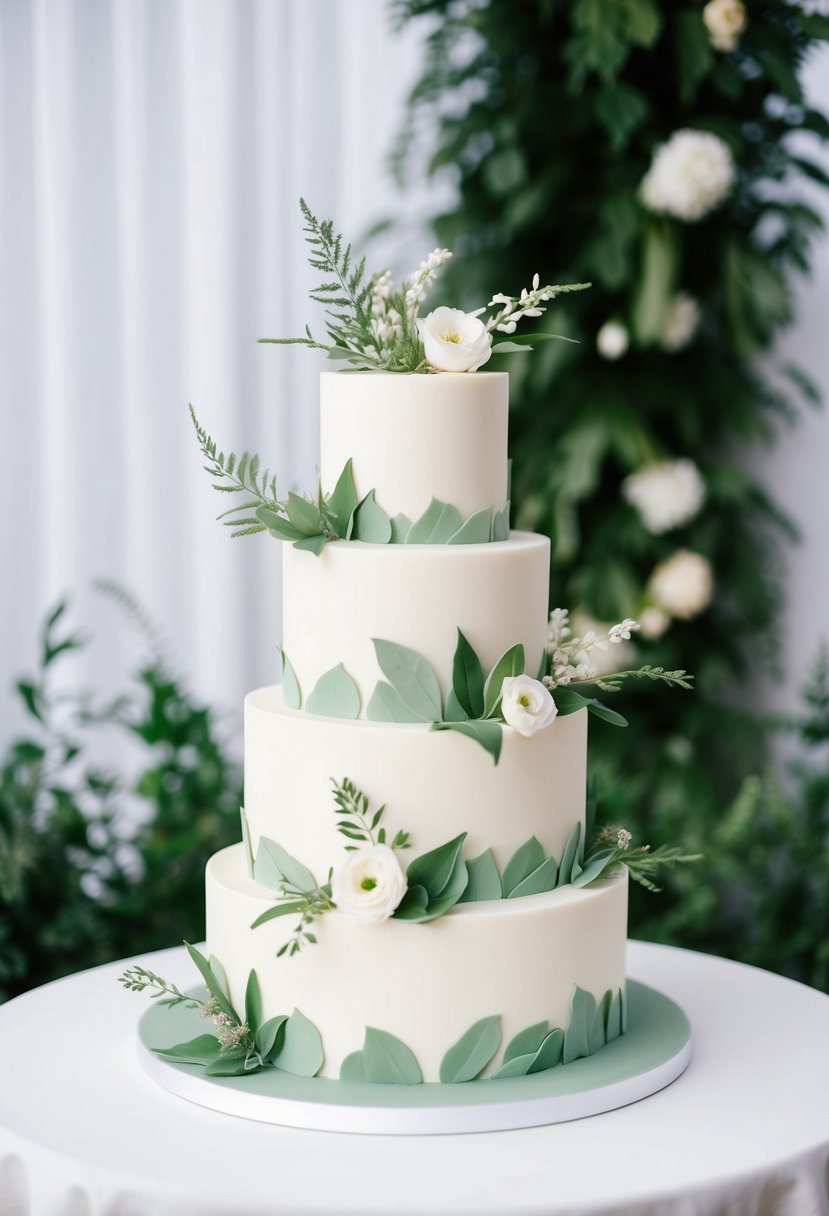 A three-tiered wedding cake adorned with sage green botanical accents, including delicate leaves and flowers, sits on a white table against a backdrop of lush greenery