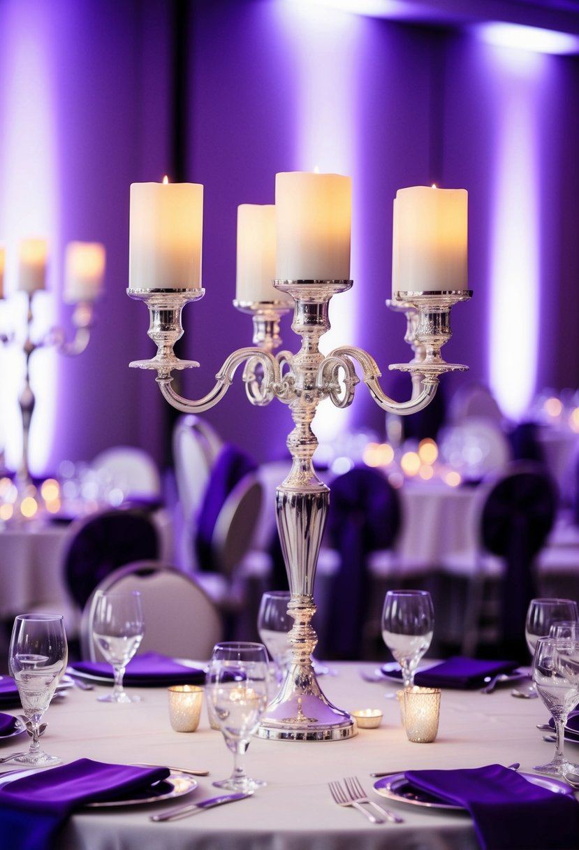 Silver candelabras adorn a table, casting a soft glow on purple and silver wedding decor