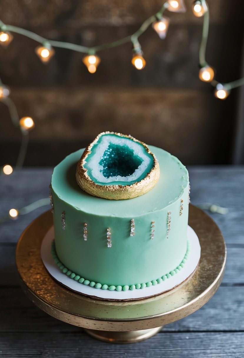 A sage green geode cake sits on a rustic wooden table, adorned with delicate sugar crystals and shimmering gold accents