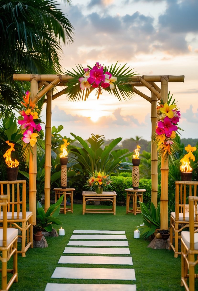 A bamboo archway adorned with tropical flowers, surrounded by tiki torches and bamboo furniture, set against a backdrop of lush greenery and a setting sun