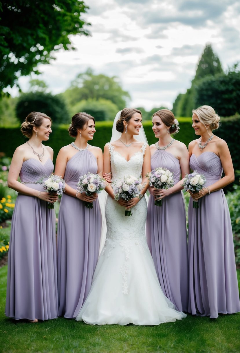 Bridesmaids in lilac dresses with silver accessories stand in a garden