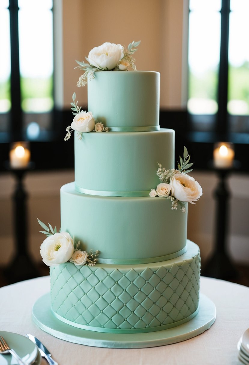 A three-tiered sage green wedding cake with quilted texture and delicate floral accents