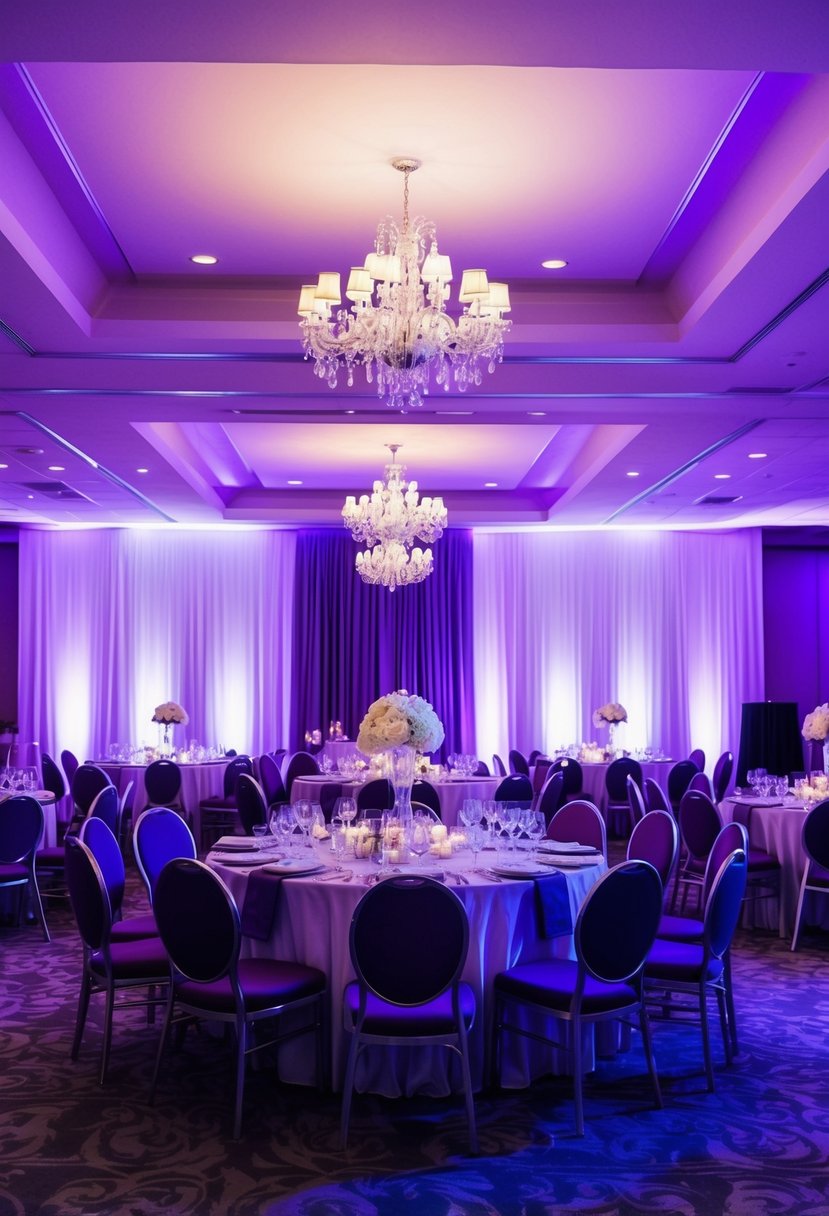 The venue is bathed in purple LED lighting, casting a romantic glow over the silver and purple wedding decor