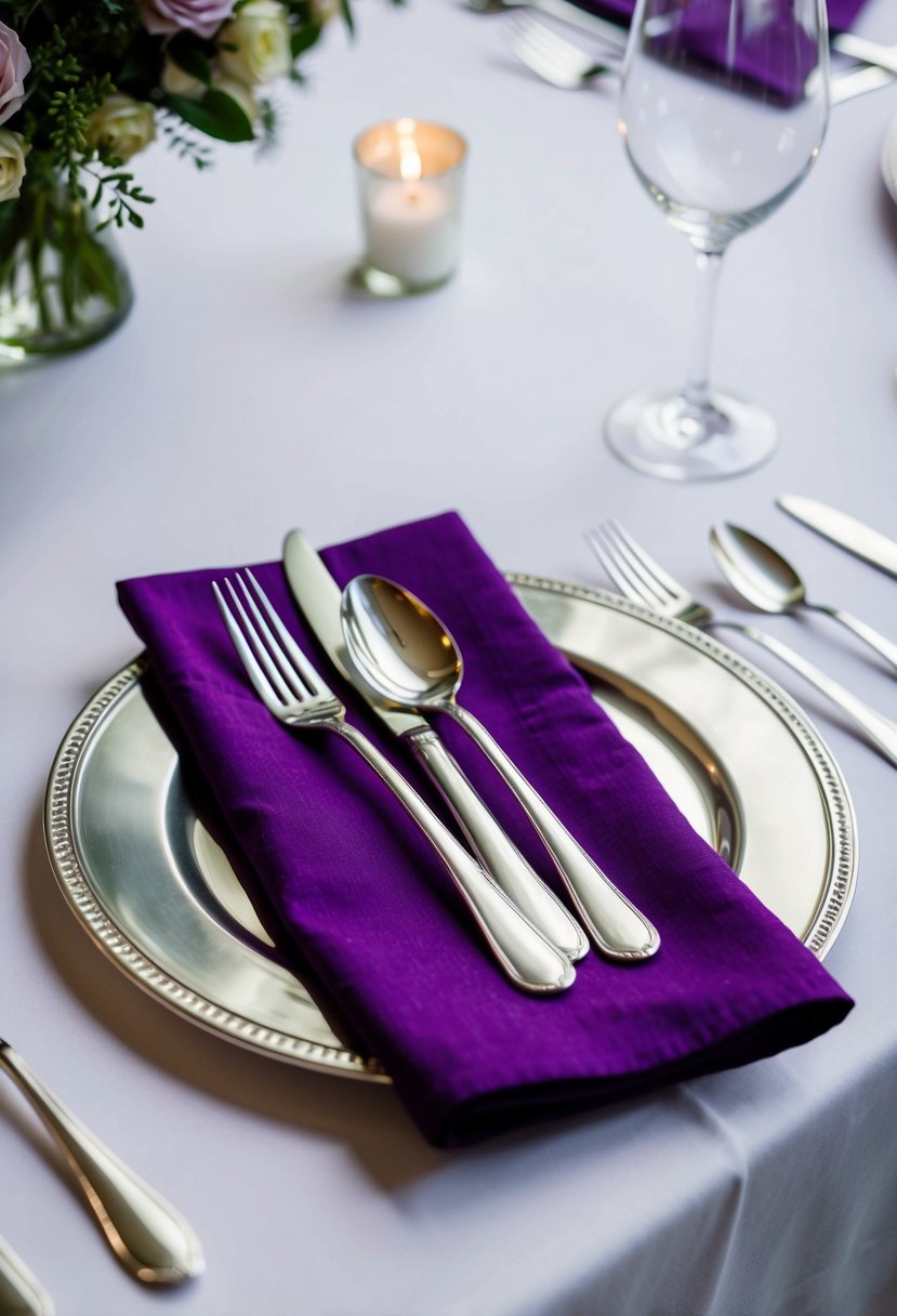 Silver cutlery arranged on a purple napkin, with a silver charger plate underneath, set on a white tablecloth