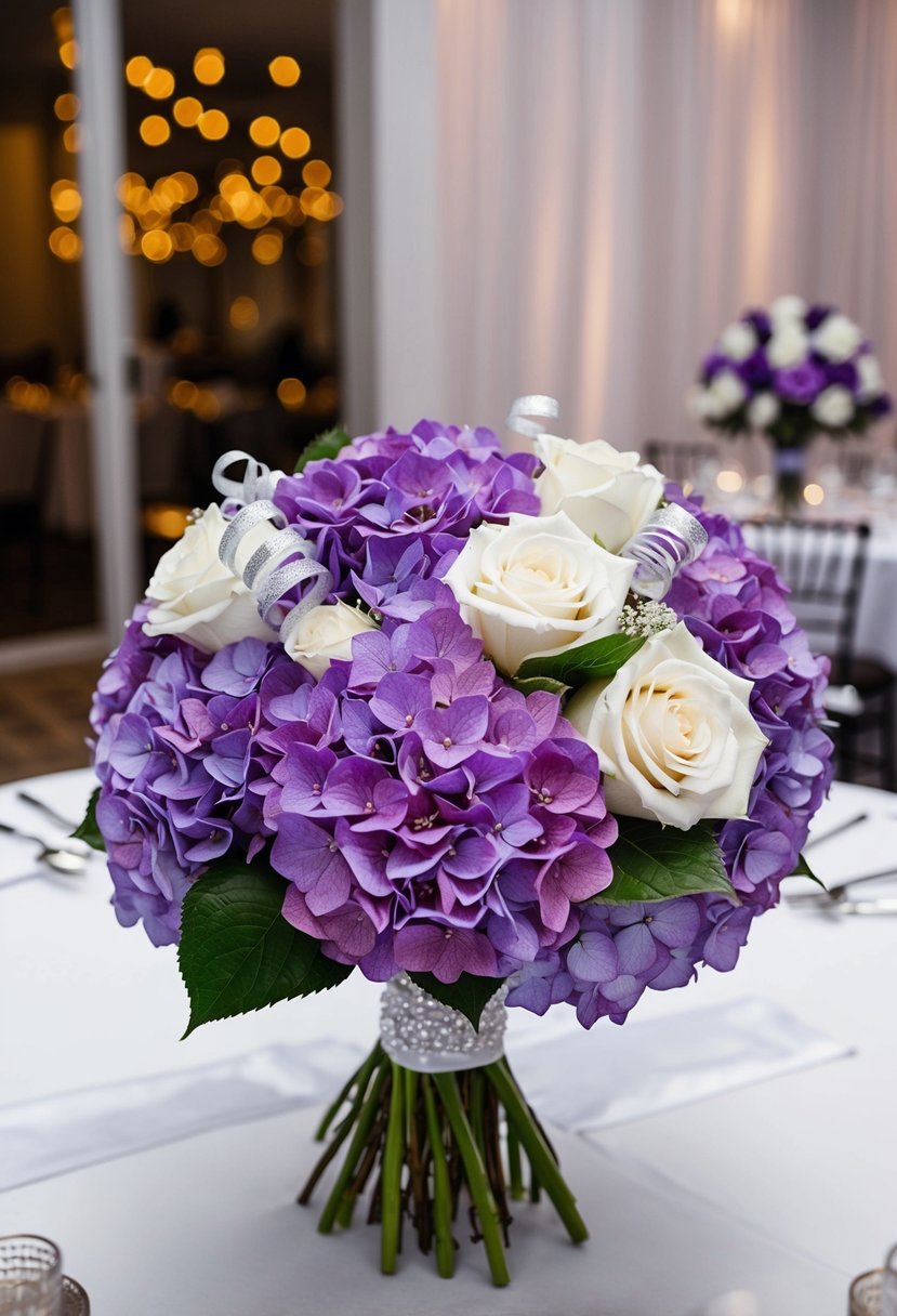 A lush bouquet of purple hydrangeas and white roses, accented with silver ribbons, sits on a table at a wedding reception