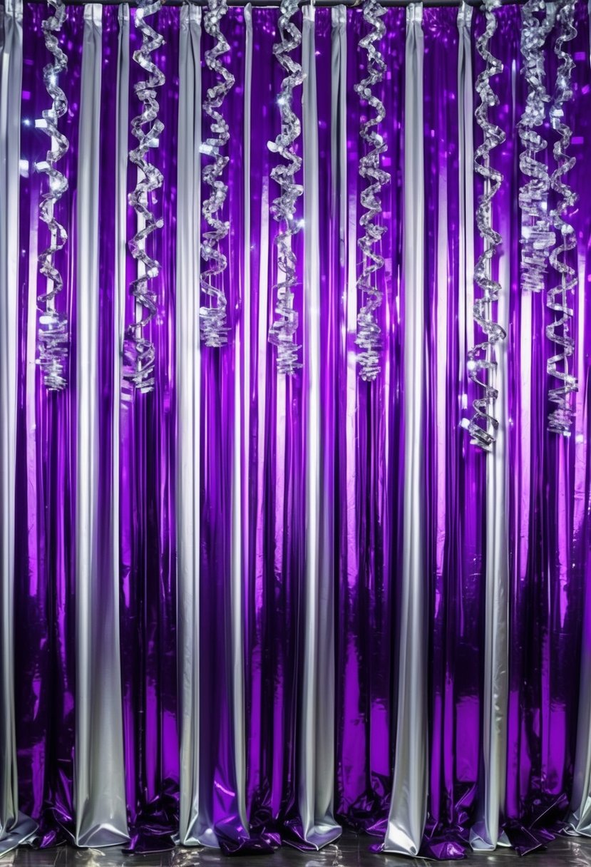 A purple and silver photo booth backdrop adorned with cascading metallic streamers and twinkling lights