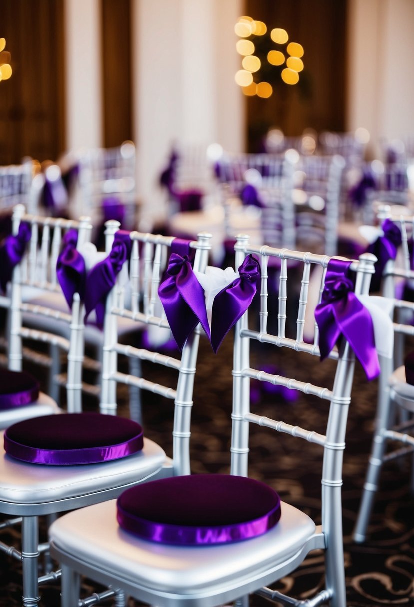 Silver chairs with purple cushions arranged in a elegant wedding setting