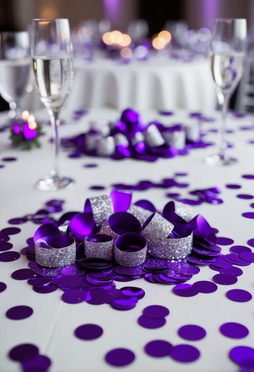 Purple and silver confetti scattered on tables at a wedding reception