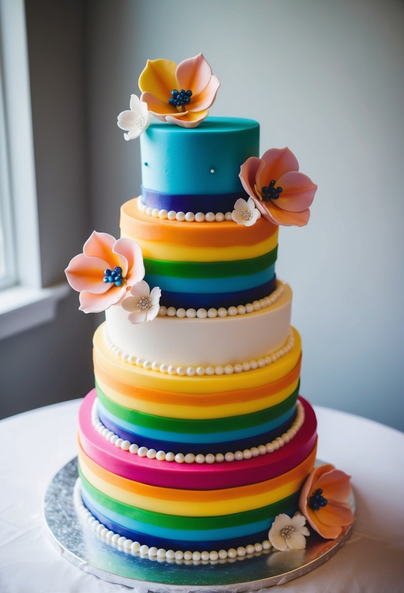 A multilayered wedding cake with vibrant rainbow colors, adorned with delicate fondant flowers and shimmering edible pearls