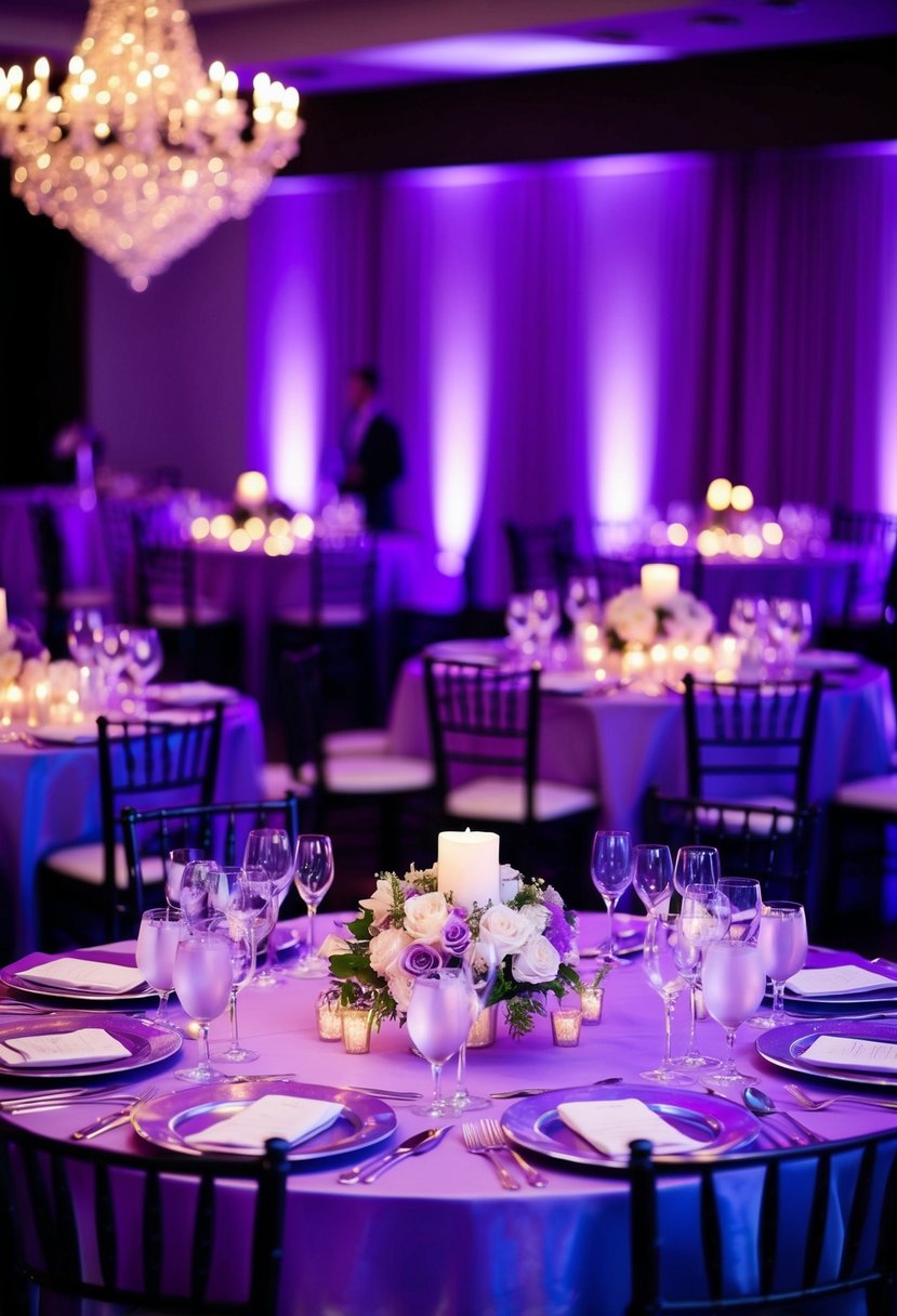 Purple and silver tables glow with soft purple lighting, creating a romantic and elegant ambiance for a wedding reception