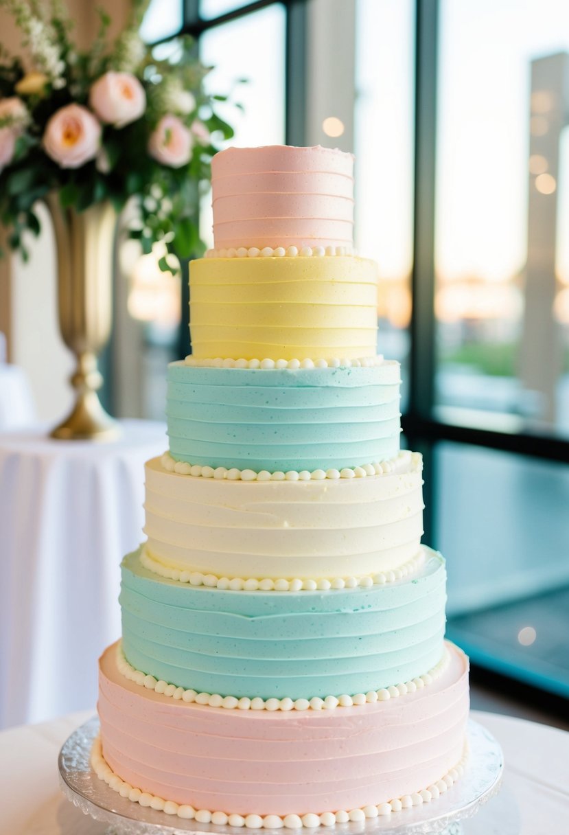 A tall, multi-layered wedding cake with pastel rainbow frosting in soft shades of pink, blue, yellow, and green