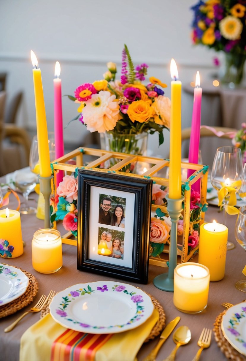 A table set with handmade candles, personalized photo frames, and a hand-painted wine rack, surrounded by colorful ribbons and flowers