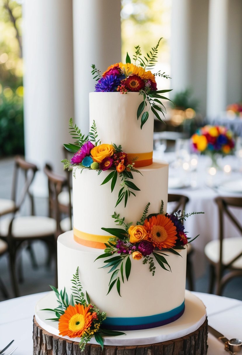 A three-tiered wedding cake adorned with vibrant rainbow-colored flowers and foliage