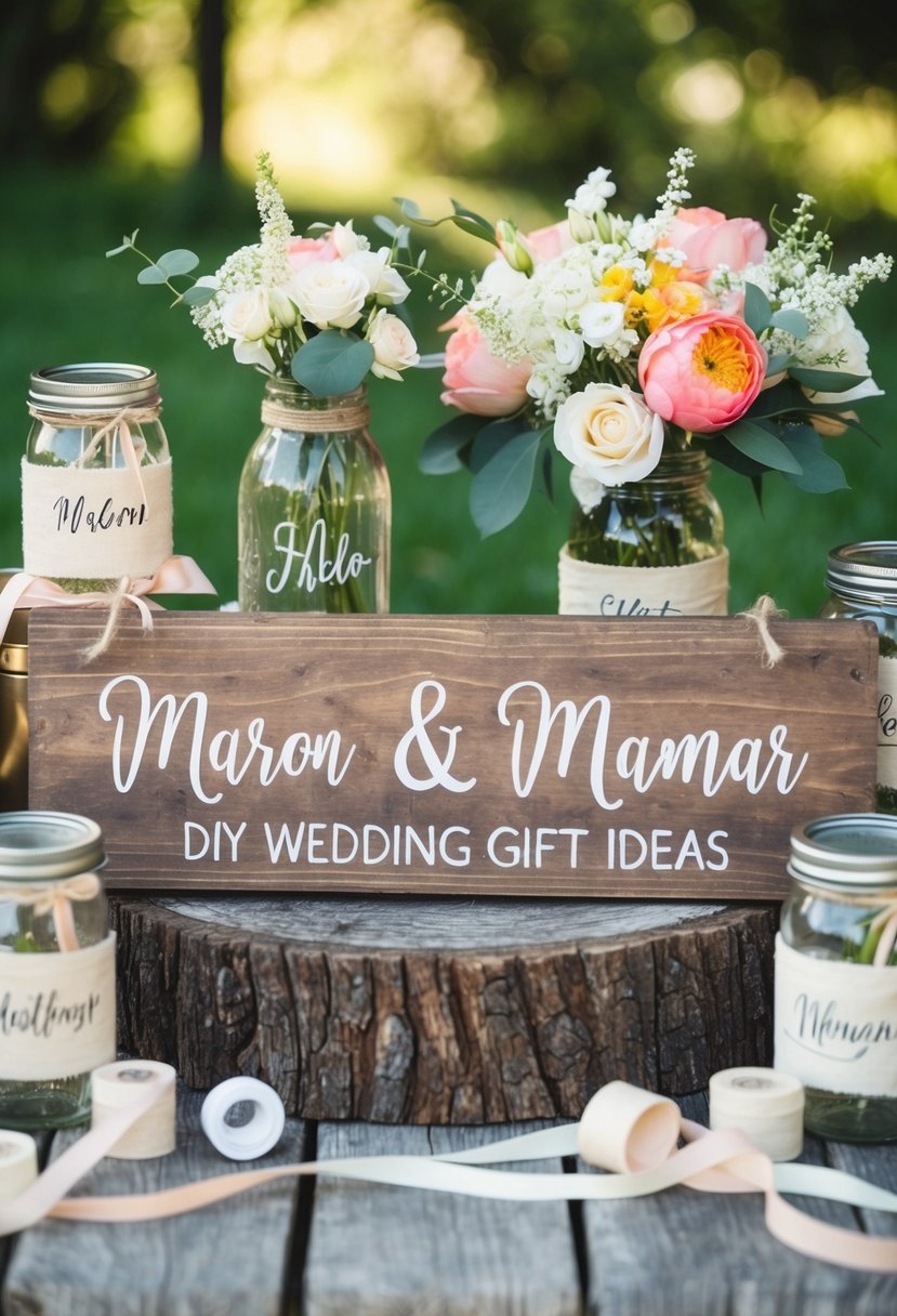 A rustic wooden sign adorned with the couple's names, surrounded by DIY wedding gift ideas like flowers, ribbons, and mason jars