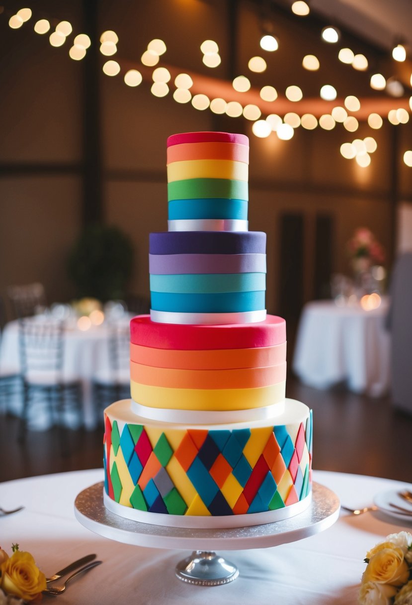 A three-tiered wedding cake with geometric rainbow patterns in vibrant colors