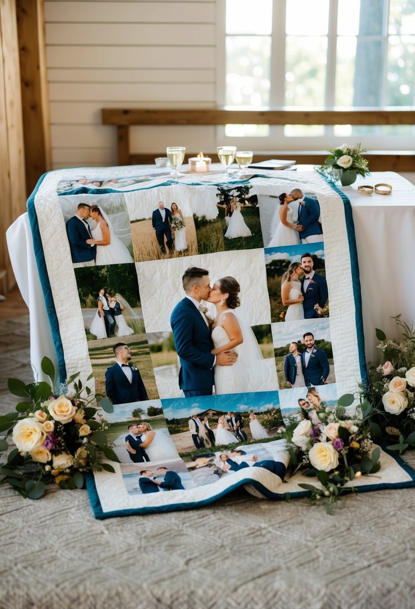 A cozy quilt adorned with photos of the couple's special moments, surrounded by wedding memorabilia like flowers and rings