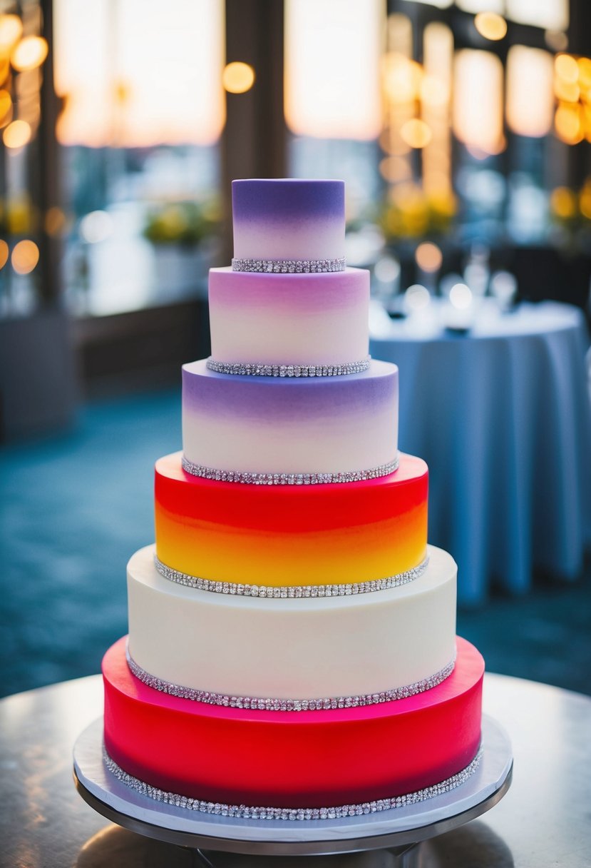 A multi-tiered wedding cake with a smooth ombre effect transitioning from vibrant red at the bottom to pastel purple at the top, resembling a rainbow