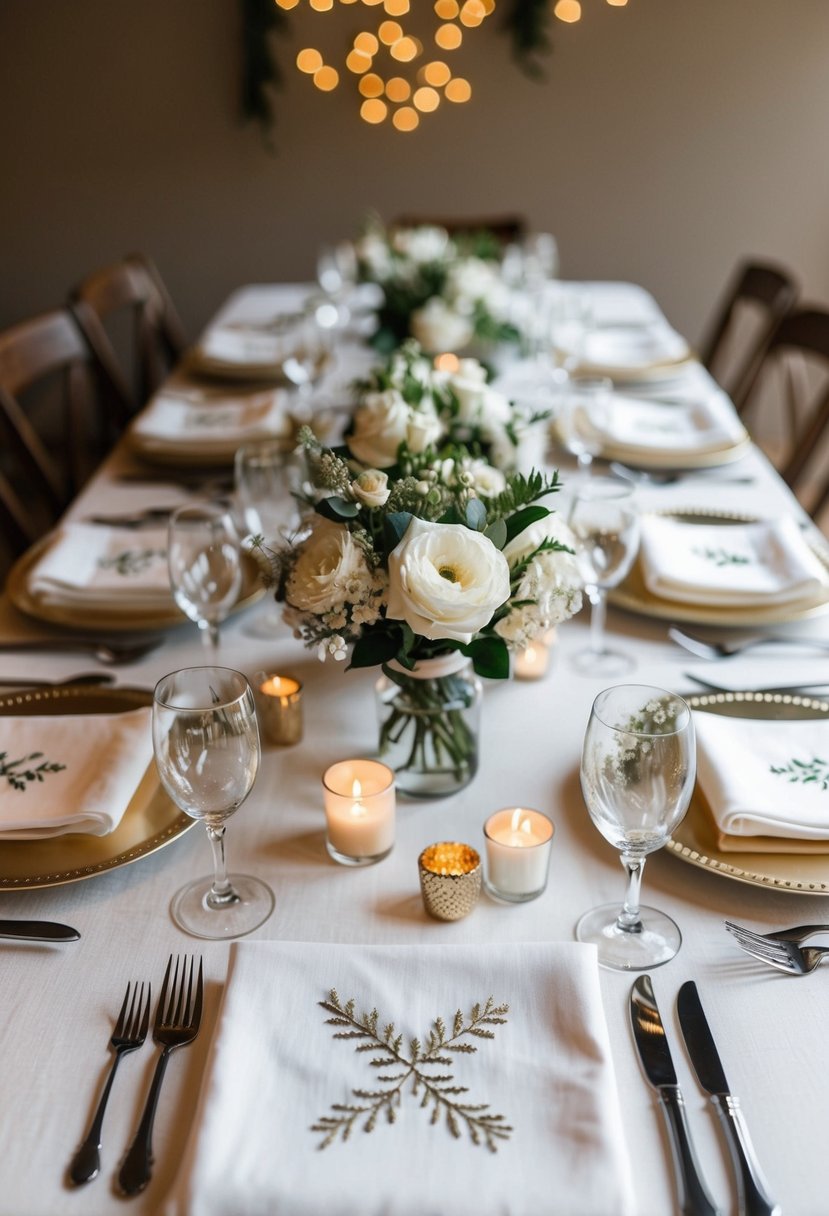 A table set with embroidered linens, surrounded by DIY wedding gift ideas such as handmade centerpieces and personalized place settings